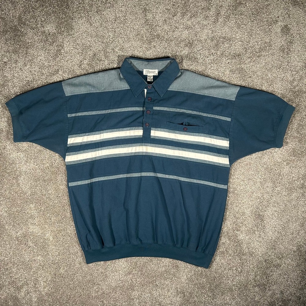 Vintage Jan Alexxus Mens XL Striped Banded Waist Polo Shirt Blue Short Sleeve